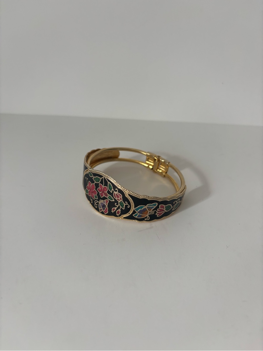 Gold-Tone Black Enamel Floral Hinged Bangle Bracelet